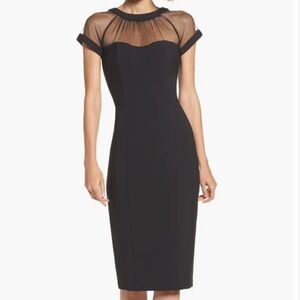 Maggy London Black Illusion Yoke Crepe Cocktail Midi Dress with Sheer Detail